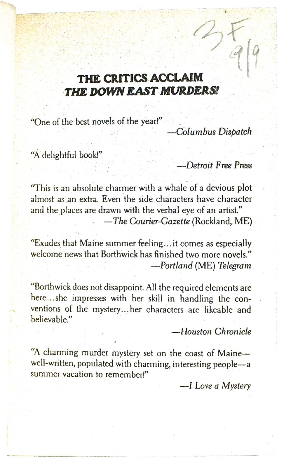 J. S. BORTHWICK— THE DOWN EAST MURDERS— St. Martin’s pb ed., 1991 (3rd printing)