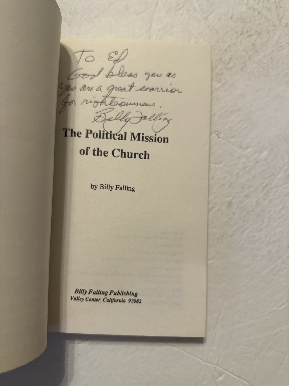 Signed The Political Mission of the Church Billy Falling CVL Edition 1990